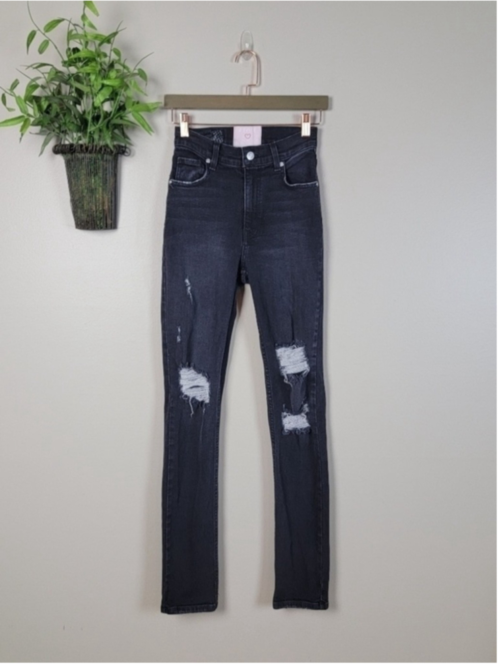 Revice Uptown Super High Rise Skinny Nirvana Faded Black Ripped Knee Jeans 25